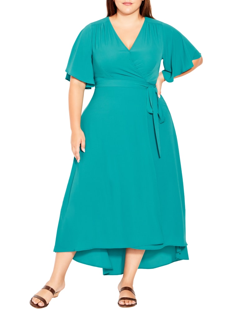 Front of a model wearing a size 14 Vivian Wrap Dress in Teal by Evans. | dia_product_style_image_id:215377